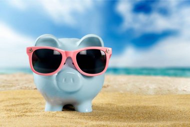 Sahilde güneş gözlüğü ile Piggy banka