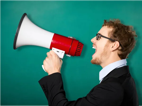 Young Man Shouting In Megaphone — Stock Photo, Image