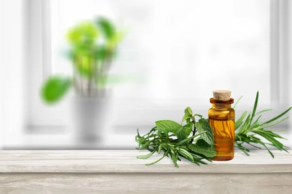 Botella de aceite y hierbas verdes — Foto de Stock