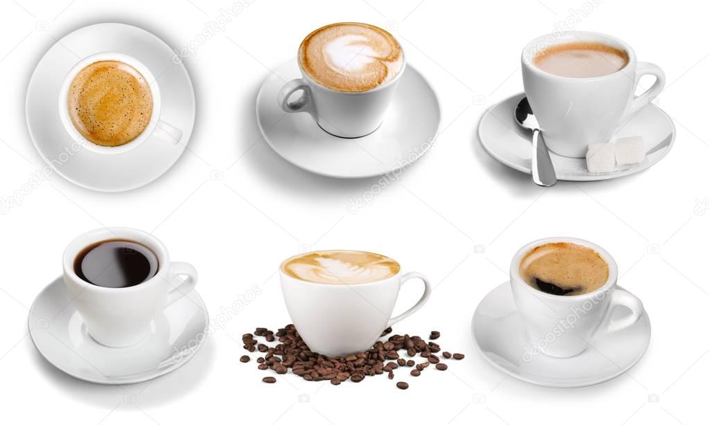 various cups with hot coffee