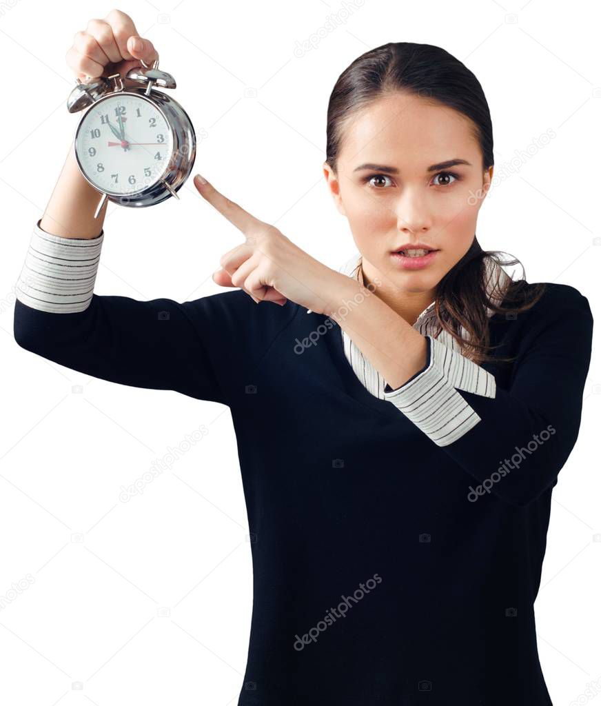 young woman with vintage alarm clock