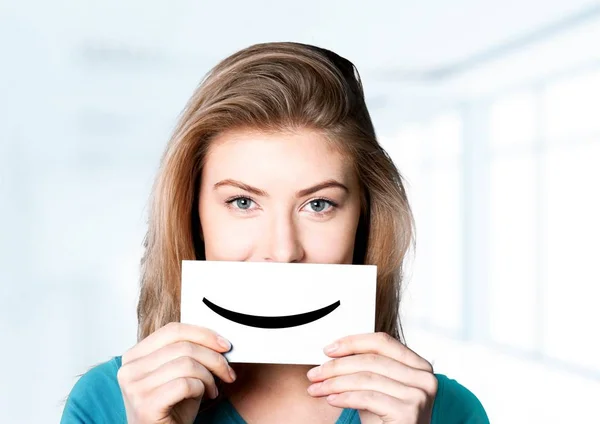 Woman with smile signs board — Stock Photo, Image