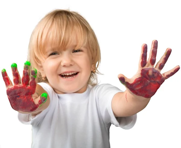Malá holčička ukazující malované ruce — Stock fotografie