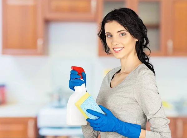 Cleaning woman with spray — Stock Photo, Image