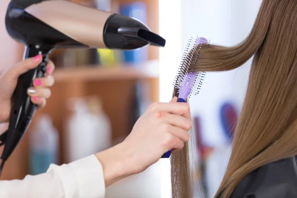 Hairdresser Stylist Does Styling Girl Using Hair Styling — Stock Photo, Image