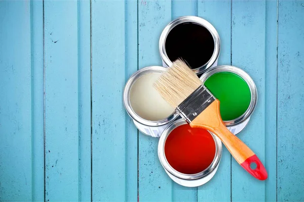 Paint brush and paint cans — Stock Photo, Image