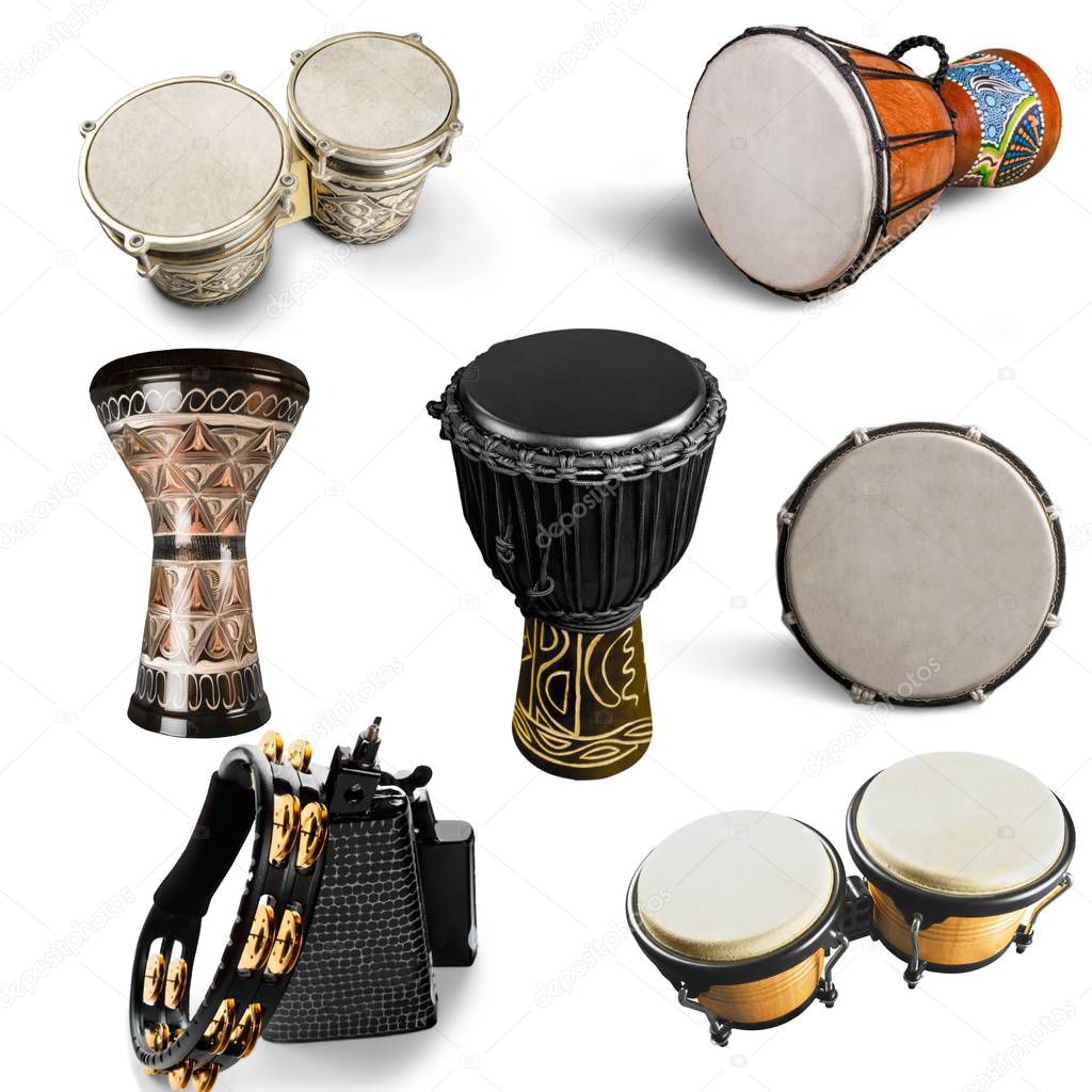 collection of ethnic drums isolated on white background 
