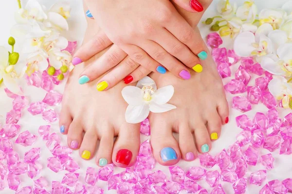 Női lábak és kezek, virágok — Stock Fotó