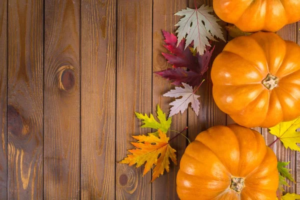 Pompoenen en bladeren op houten tafel — Stockfoto