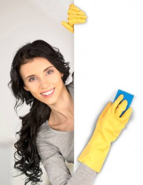 Temizlikçi kadın gösteren işareti poster