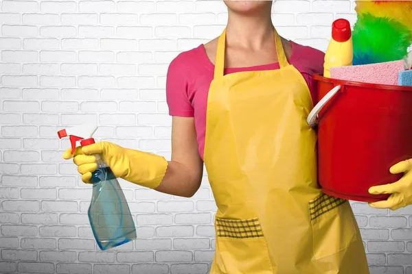 Ekipman temizlikçi kadınla — Stok fotoğraf