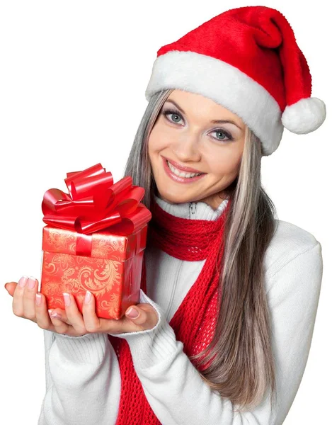 Mooie vrouw in santa hoed — Stockfoto