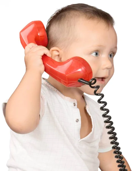 Menino Bonito Com Telefone Brinquedo — Fotografia de Stock