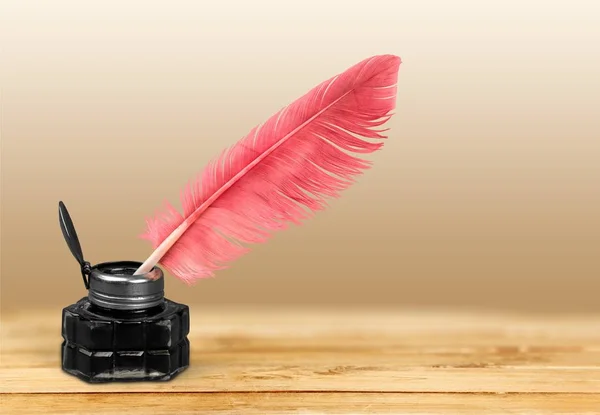 Feather quill pen and glass inkwell — Stock Photo, Image