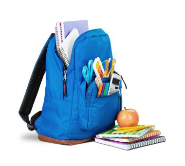School stationery in backpack clipart