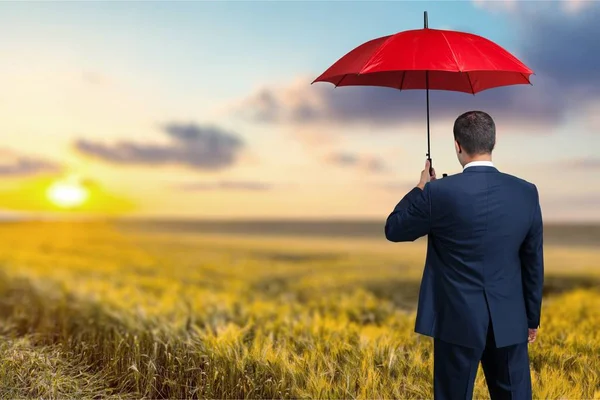 Businessman with red umbrella — Stock Photo, Image
