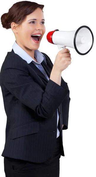 Beautiful businesswoman with megaphone — Stock Photo, Image