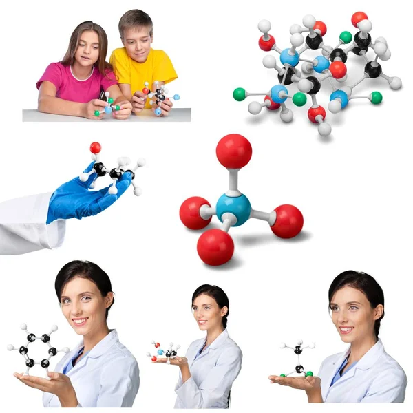 Young Female Scientist Holding Molecule Model Kids — Stock Photo, Image