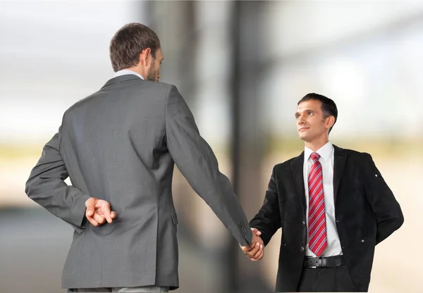Business Handshake Business People Background Man Keeping Fingers Crossed His — Stock Photo, Image