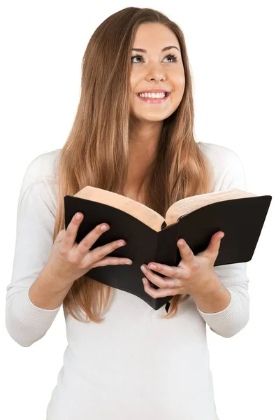 Mulher feliz com a Bíblia — Fotografia de Stock