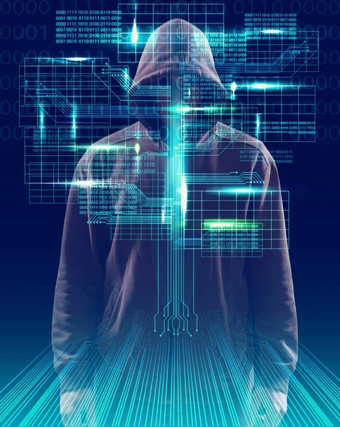Cyber χάκερ σε φούτερ με κουκούλα — Φωτογραφία Αρχείου