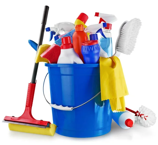 Plastic bottles, cleaning  gloves and bucket — Stock Photo, Image