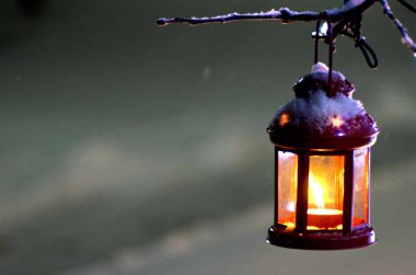 Yılbaşı ağacı olan bir fener, Noel süsü. Tebrik Kartı.