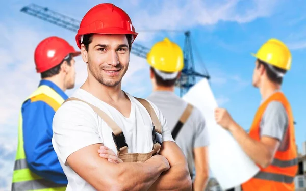 Conceito Negócios Construção Trabalho Equipe Pessoas Grupo Construtores Sorridentes Chapéus — Fotografia de Stock