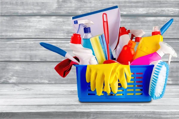 Plastic bottles, cleaning  gloves and bucket — Stock Photo, Image