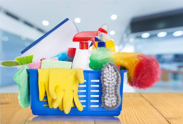 Plastic bottles, cleaning  gloves and bucket — Stock Photo, Image