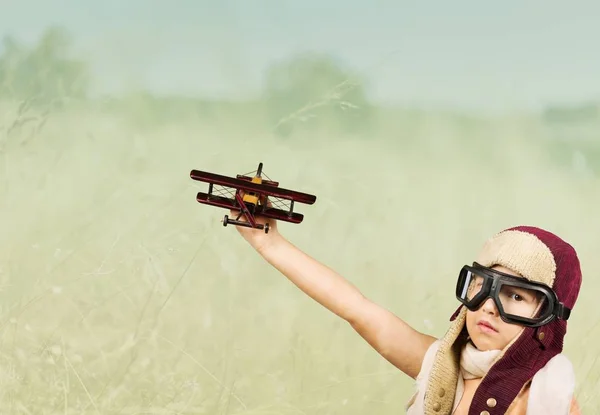 Little Boy Wooden Plane Isolated Background — Stock Photo, Image