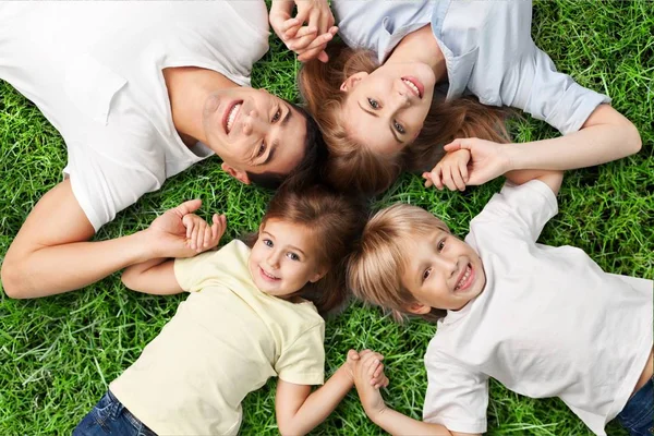 Famiglia Felice Con Bambini Erba Verde — Foto Stock