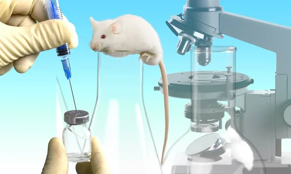 hands of scientist taking medicine, mouse on flask, animal testing