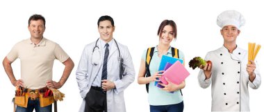 farklı mesleklerde insanlar, marangoz, doktor, öğrenci ve beyaz izole aşçı