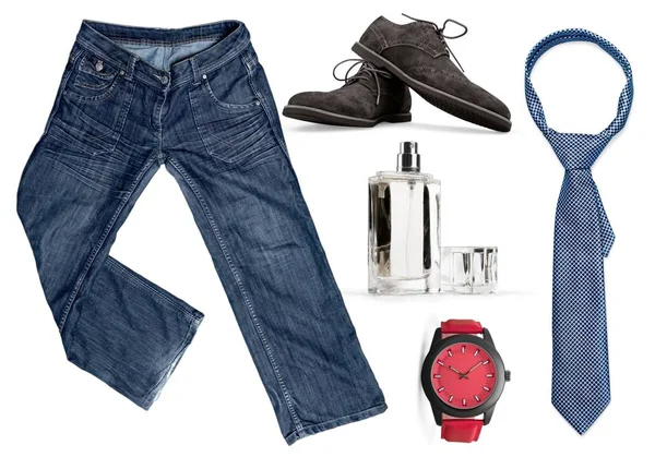 Set Männliche Accessoires Isoliert Auf Weißem Hintergrund Jeans Stiefel Parfüm — Stockfoto