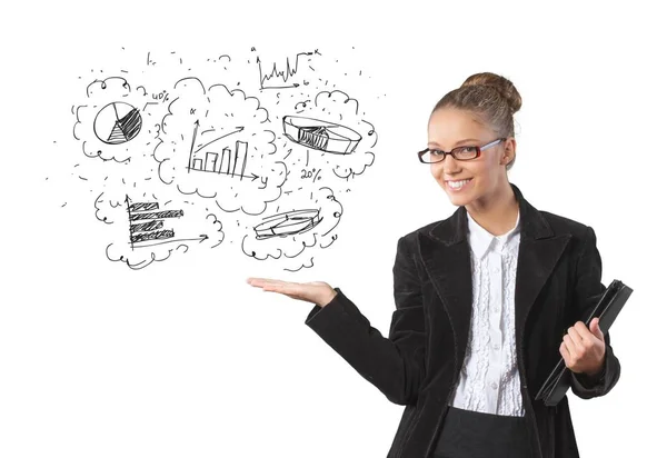 Businesswoman in suit with signs — Stock Photo, Image