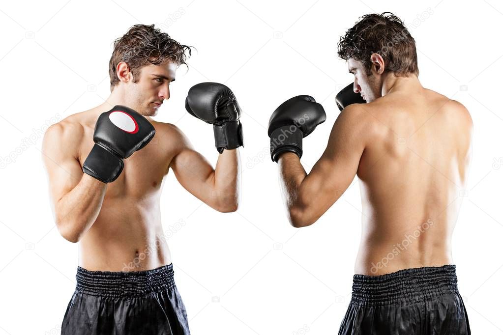 two  men exercising  boxing in studio 