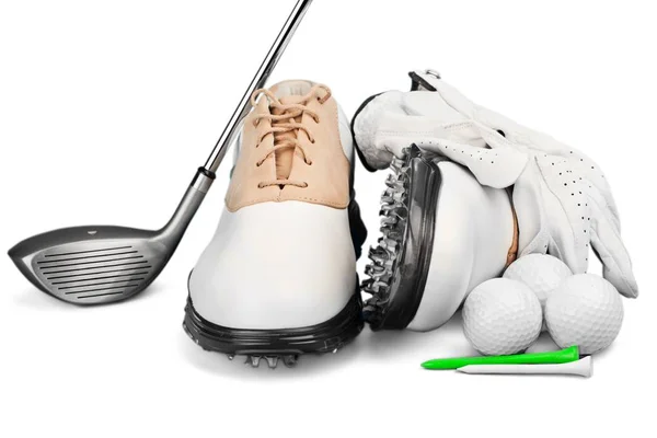 Coppia di scarpe da golf e un golf club — Foto Stock