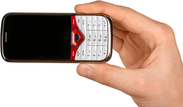 Χέρια Δείχνουν Κινητό Τηλέφωνο Που Απομονώνονται Λευκό — Φωτογραφία Αρχείου