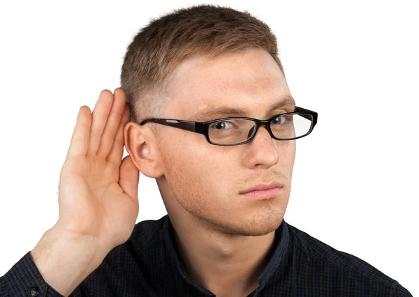 Joven Hombre Guapo Escuchando Con Mano Oreja Aislado Sobre Fondo — Foto de Stock