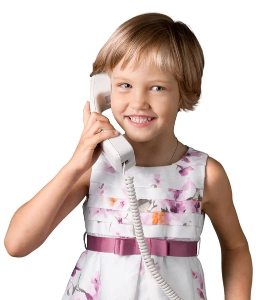 Красивая Девушка Звонит Телефону Изолированы Белом — стоковое фото