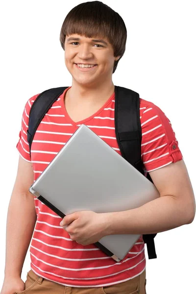 Студентський Чоловік Ноутбуком Посміхається Камеру — стокове фото
