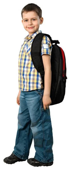 Menino Escola Com Mochila Mostrando Mochila — Fotografia de Stock