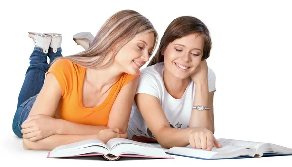 Twee Meisjes Lezingsboeken Geïsoleerd Witte Achtergrond — Stockfoto