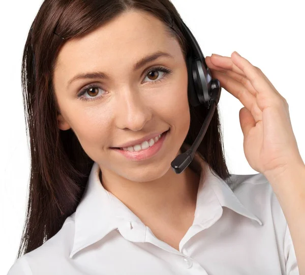 Jeune femme d'affaires en casque — Photo