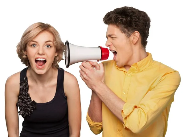 Irritado Jovem Casal Com Megafone Isolado Fundo Branco — Fotografia de Stock