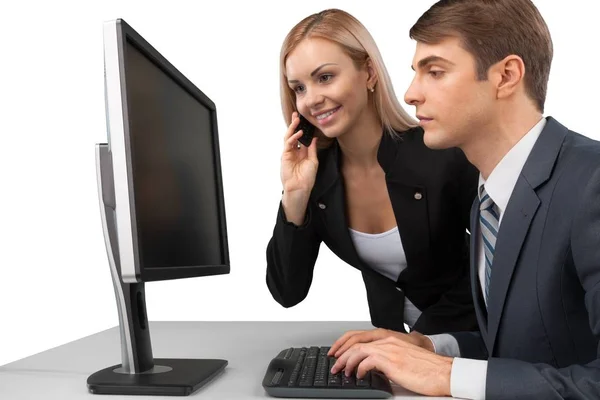 Geschäftsmann Und Frau Arbeiten Computer Isoliert Auf Weißem Hintergrund — Stockfoto