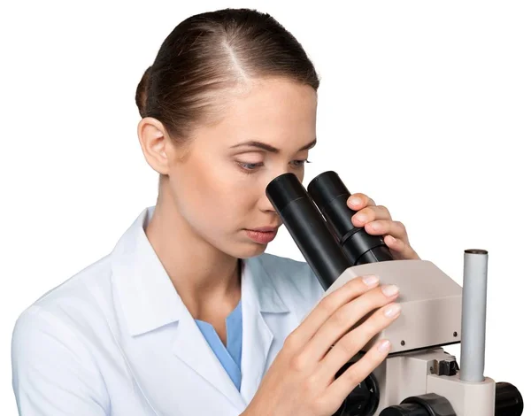 Scientist Working Microscope Isolated White Background — Stock Photo, Image
