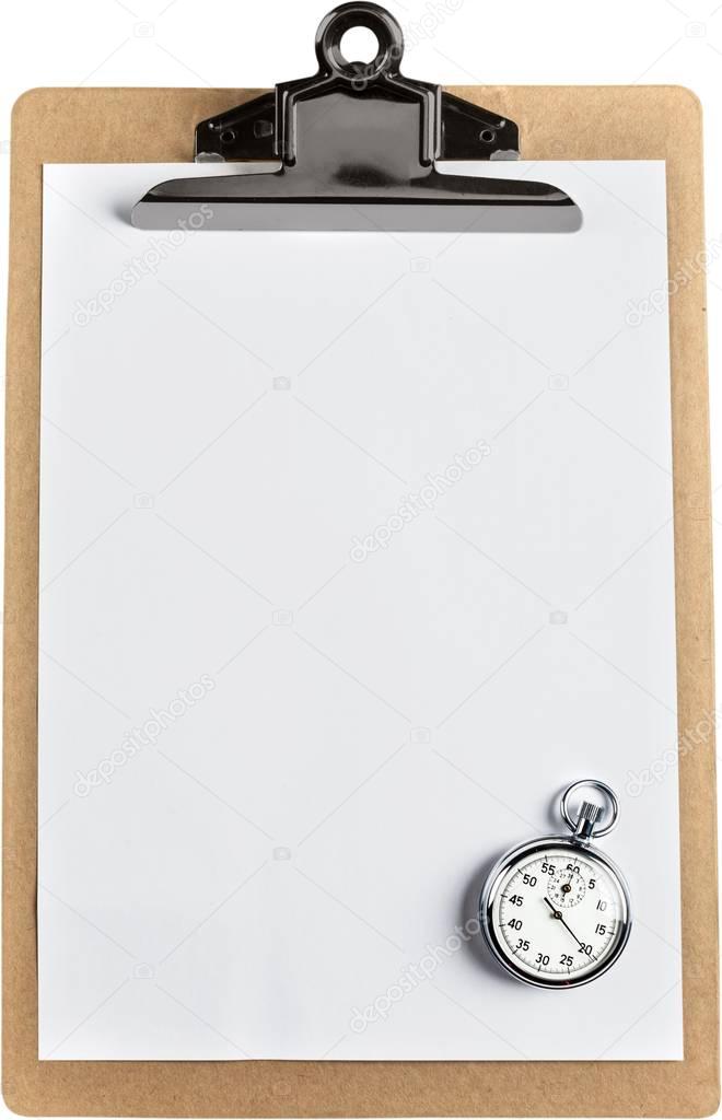 Clipboard with paper and  stopwatch