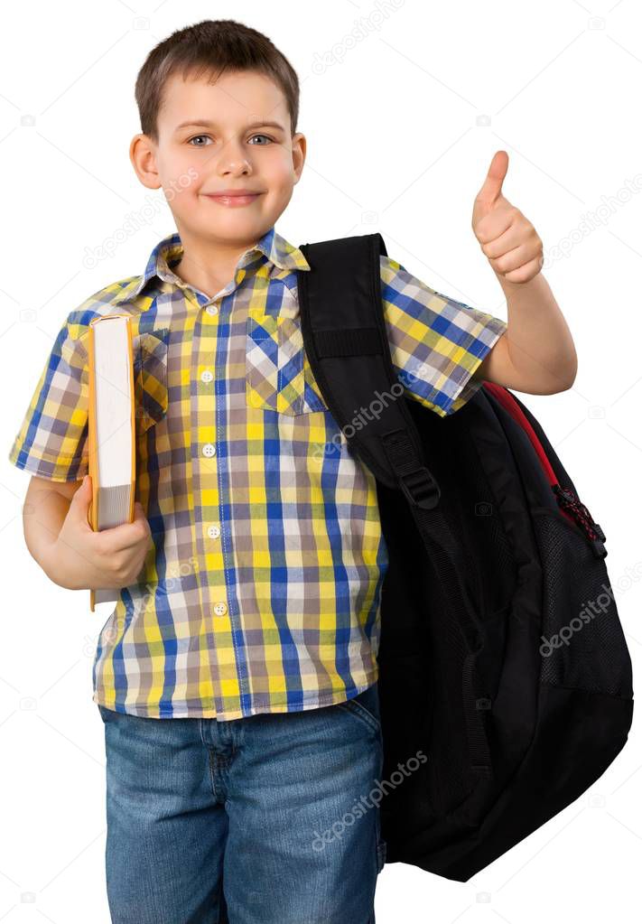 School boy with book and backpack showing backpack 